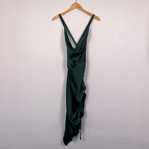 NWT Lavish Alice Satin Cowl Ruched Cocktail Dress in Emerald 6 - Picture 2 of 8